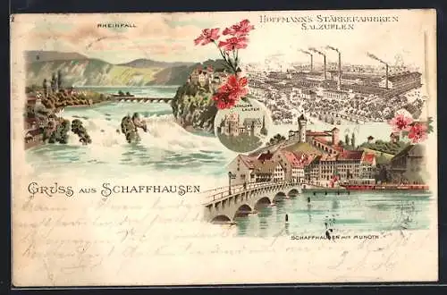 Lithographie Schaffhausen, Hoffmann`s Stärkefabriken Salzuflen, Teilansicht mit Munoth, Rheinfall