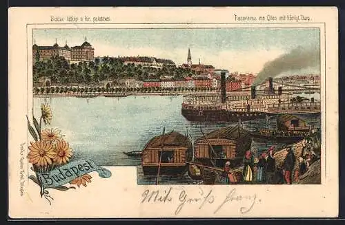 Lithographie Budapest, Panorama von Ofen mit königl. Burg