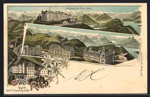 Lithographie Rigi, Schreibers Rigi-Kulm Hotels & Hotel u. Pension Rigi-Staffel