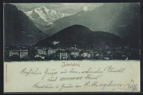 Mondschein-AK Interlaken, Ortsansicht gegen die Berge