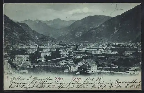 Mondschein-AK Gries /Bozen, Totalansicht gegen die Berge