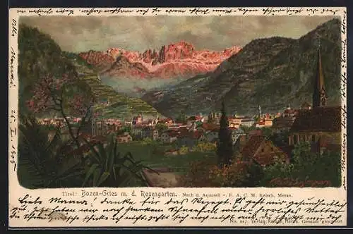 Künstler-Lithographie F.A.C.M. Reisch: Bozen-Gries, Panorama mit dem Rosengarten