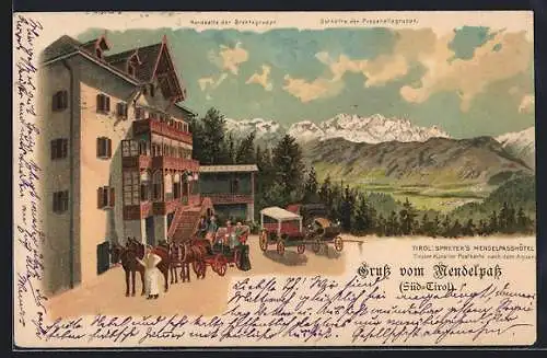 Lithographie Mendel, Spretter`s Mendelpasshotel mit Nordkette der Brentagruppe u. Ostkette der Presanellagruppe