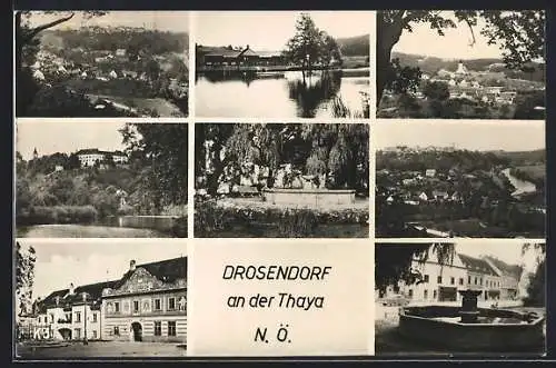 AK Drosendorf an der Thaya, Brunnen, Uferpartie, Ortsansicht