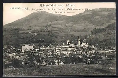 AK Aspang, Ortsansicht, Fahrt der Sangesfreunde im Österreichischen Gebirgsverein in Wien nach Aspang 1910