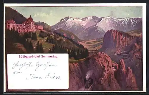 Künstler-AK Semmering, Südbahn-Hotel mit Landschafts-Idyll