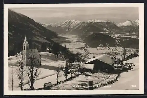 AK Mösern bei Seefeld, Talblick mit Kirche im Schnee