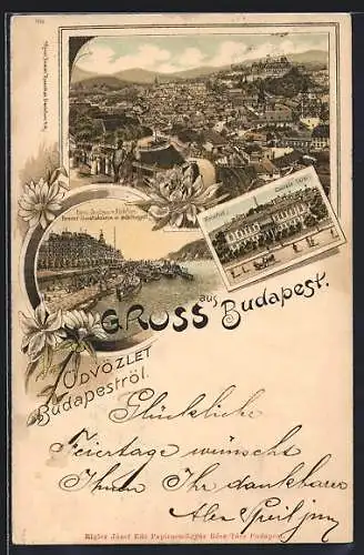 Lithographie Budapest, Franz Josefsquai und Blocksberg, Kaiserbad, Gesamtansicht, Ferencz Józsefrakparton