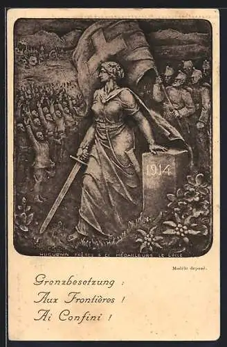 AK Grenzbesetzung 1914, Helvetia am Grenzstein, schweizer Soldaten mit Flagge, jubelnde Menschen