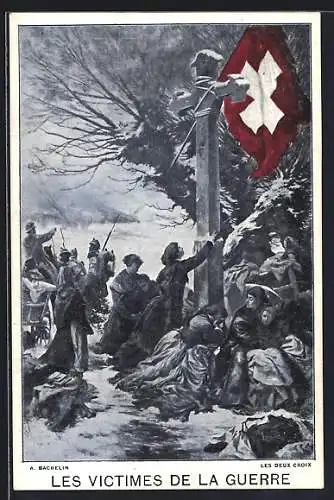 Künstler-AK Les Victimes de la Guerre, schweizer Fahne am Wegekreuz