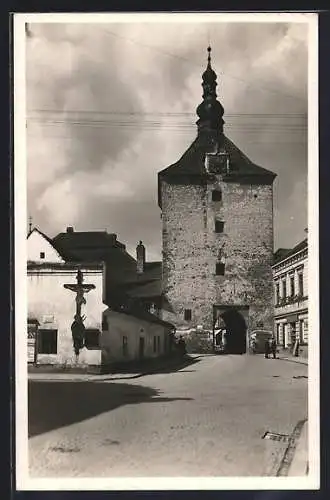 AK Pelhrimov, Strassenansicht mit Torturm