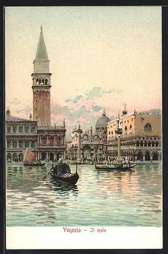 Lithographie Venezia, Il molo, Gondel, Segelboot