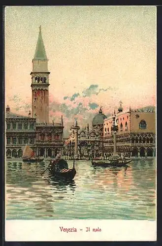 Lithographie Venezia, Il molo, Gondel, Segelboot