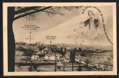 AK Léojac, Vue de la vieille église paroissiale et emplacement de la nouvelle église à Ste-Thérèse