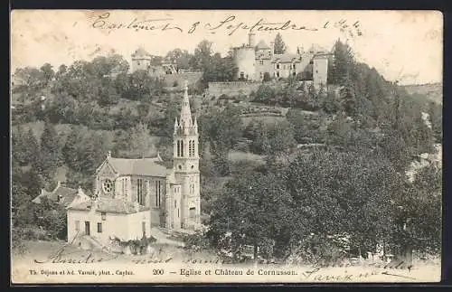 AK Cornusson, Église et Château en vue panoramique