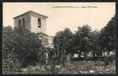 AK St-Amans-du-Pech, Église, XIIe siècle, entourée de verdure