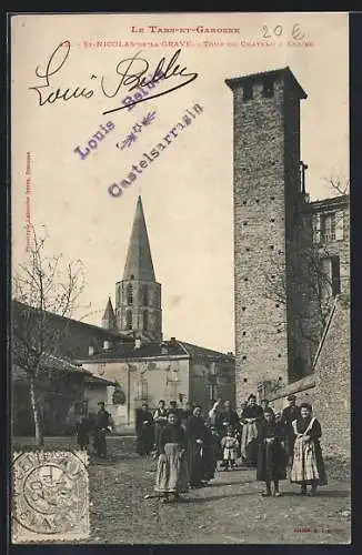 AK Saint-Nicolas-de-la-Grave, Tour du Château et Église avec villageois