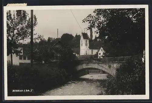 AK Rorbas, Ortspartie mit Brücke und Kirche