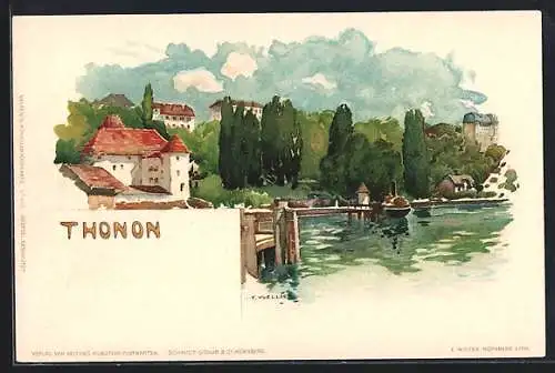 Künstler-Lithographie Fritz Voellmy: Thonon, Partie am Ufer