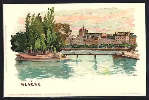 Künstler-Lithographie Fritz Voellmy: Genève, Teilansicht der Ortschaft