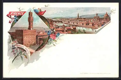 Lithographie Firenze, Panorama, Palazzo Vecchio