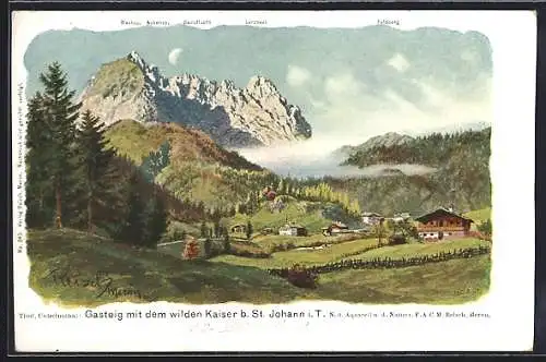 Künstler-AK F.A.C.M. Reisch: Gasteig. Ort mit wildem Kaiser b. St. Johann i. T.