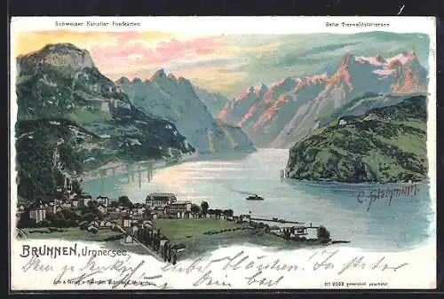 Künstler-AK C. Steinmann, Nr. 2092: Brunnen, Abendstimmung am Urnersee