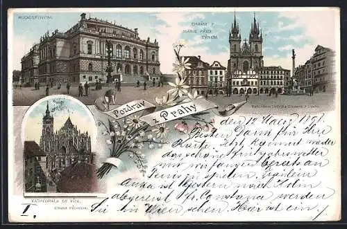 Lithographie Prag, Rudolfinum, St. Veitsdom und Gr. Ring mit Teynkirche