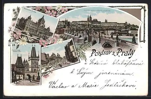 Lithographie Prag, Museum, Karluv most, Prikopy, Stadttor, Karlsbrücke