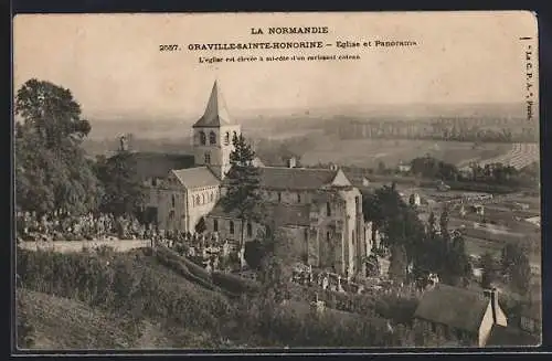 AK Graville-Sainte-Honorine, Église et Panorama sur la campagne environnante