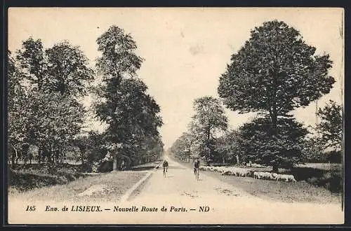 AK Lisieux, Nouvelle Route de Paris avec cyclistes et troupeau de moutons