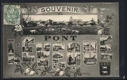 AK Pont-l`Évêque, Souvenir avec vues multiples du village et motifs décoratifs