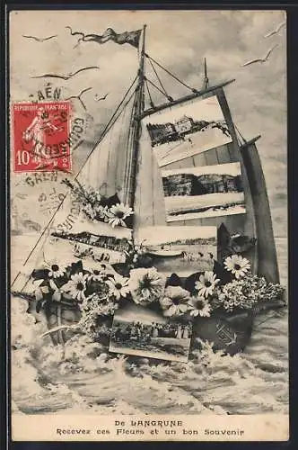 AK Langrune, Bateau orné de fleurs et de souvenirs locaux