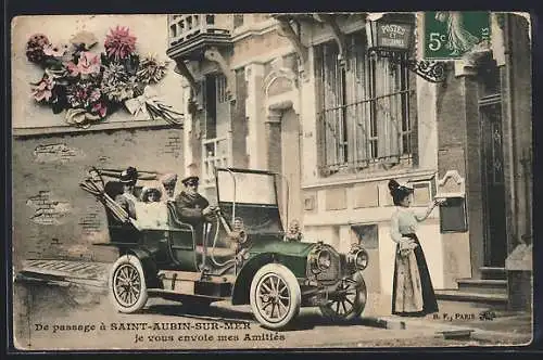 AK Saint-Aubin-sur-Mer, Voiture ancienne passant devant la poste