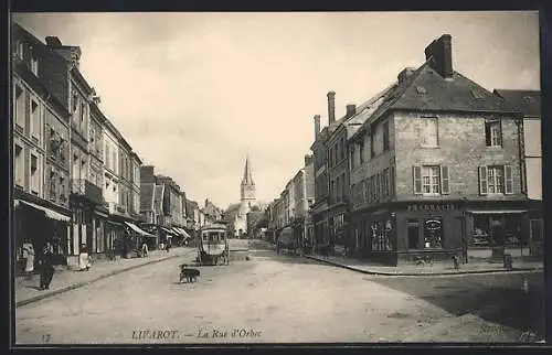 AK Livarot, La Rue d`Orbec avec tramway et commerces