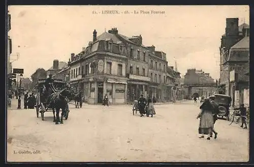 AK Lisieux, La Place Fournet animée avec calèche et passants