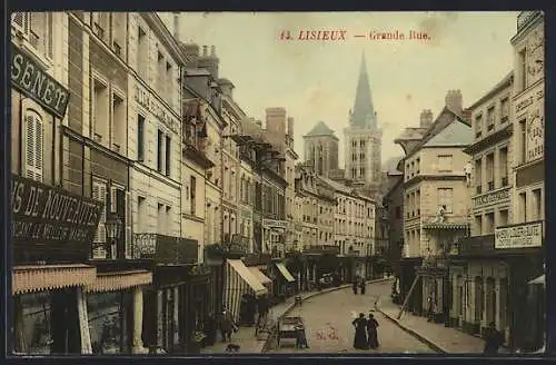 AK Lisieux, Grande Rue avec vue sur la cathédrale et boutiques animées