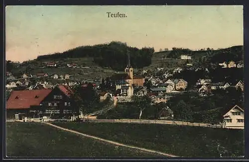 AK Teufen, Ortsansicht mit Strassen und Feldweg