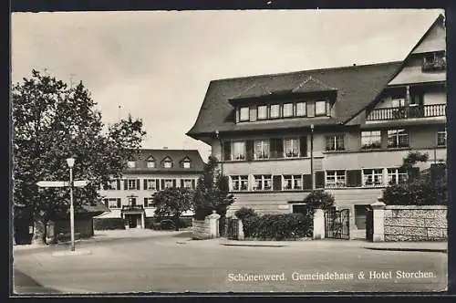 AK Schönenwerd, Gemeindehaus & Hotel Storchen mit Strasse