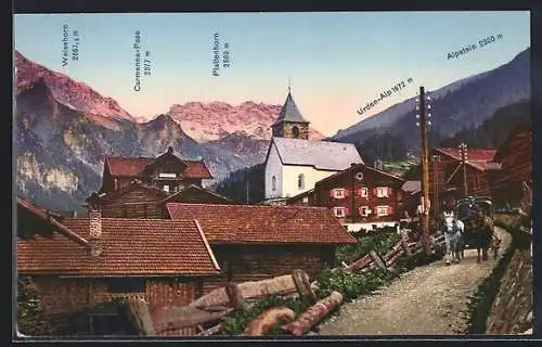 AK Tschiertschen, Strassenpartie mit Kirche, Weiss- u. Rothorn