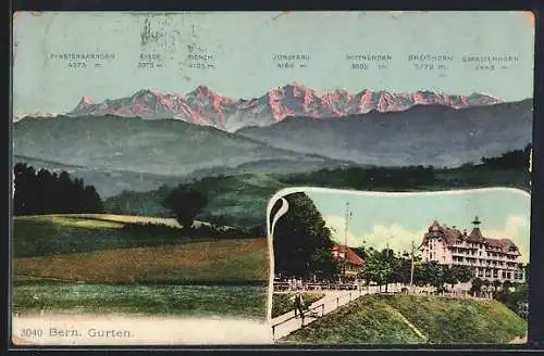 AK Bern, Gurten, Ortspartie mit Jungfrau-Panorama, Hotel Gurten
