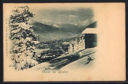 AK Davos, Ortsansicht mit Bergblick im Winter