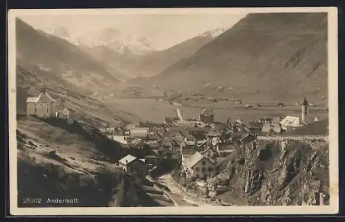 AK Andermatt, Ortsansicht mit Fluss und Bergpanorama