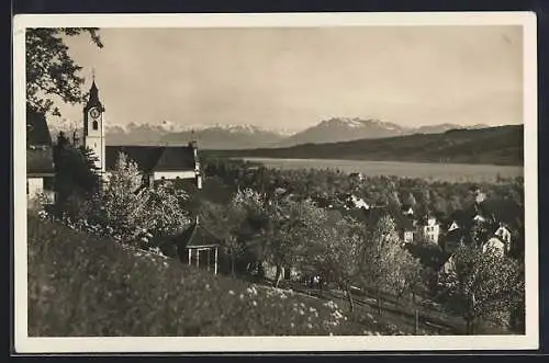 AK Hitzkirch, Teilansicht mit Kirche und Bergpanorama von einem Hang aus