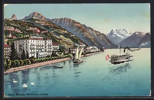 AK Montreux, Hotel Breuer mit See, Dampfer und Bergpanorama