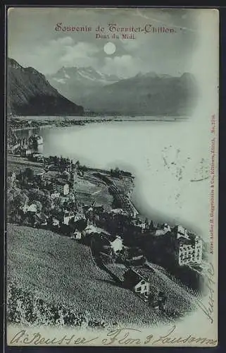 Mondschein-AK Territet-Chillon, Vue panoramique et Dent du Midi