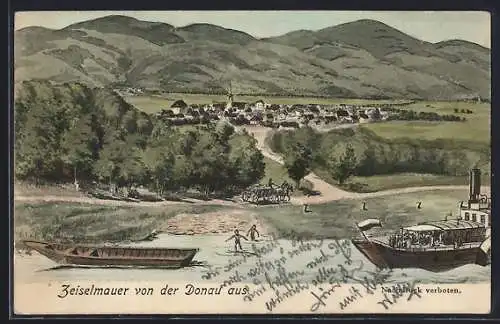 Künstler-AK Zeiselmauer, Totalansicht von der Donau aus