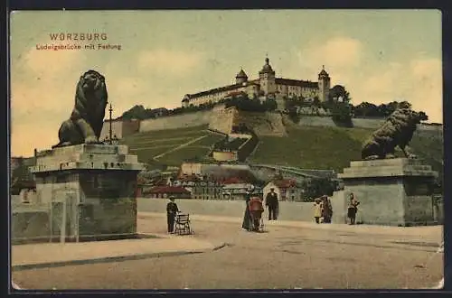 AK Würzburg, Ludwigsbrücke mit Festung