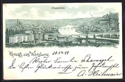 Lithographie Würzburg, Stadtpanorama, um 1900