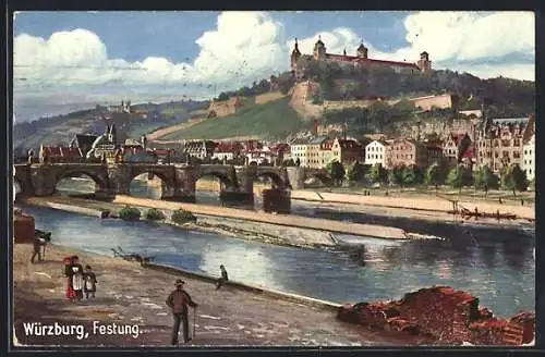 Künstler-AK Würzburg, Festung und Brücke